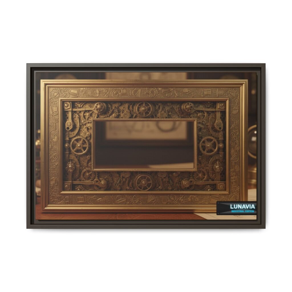 An elegant, high-quality flat lay composition on a deep velvet surface. The framed canvas is central, surrounded by carefully placed antique props: brass gears, old leather-bound books, a vintage compass, and a monocle. Soft natural light from a window illuminates the scene, emphasizing texture and premium quality.