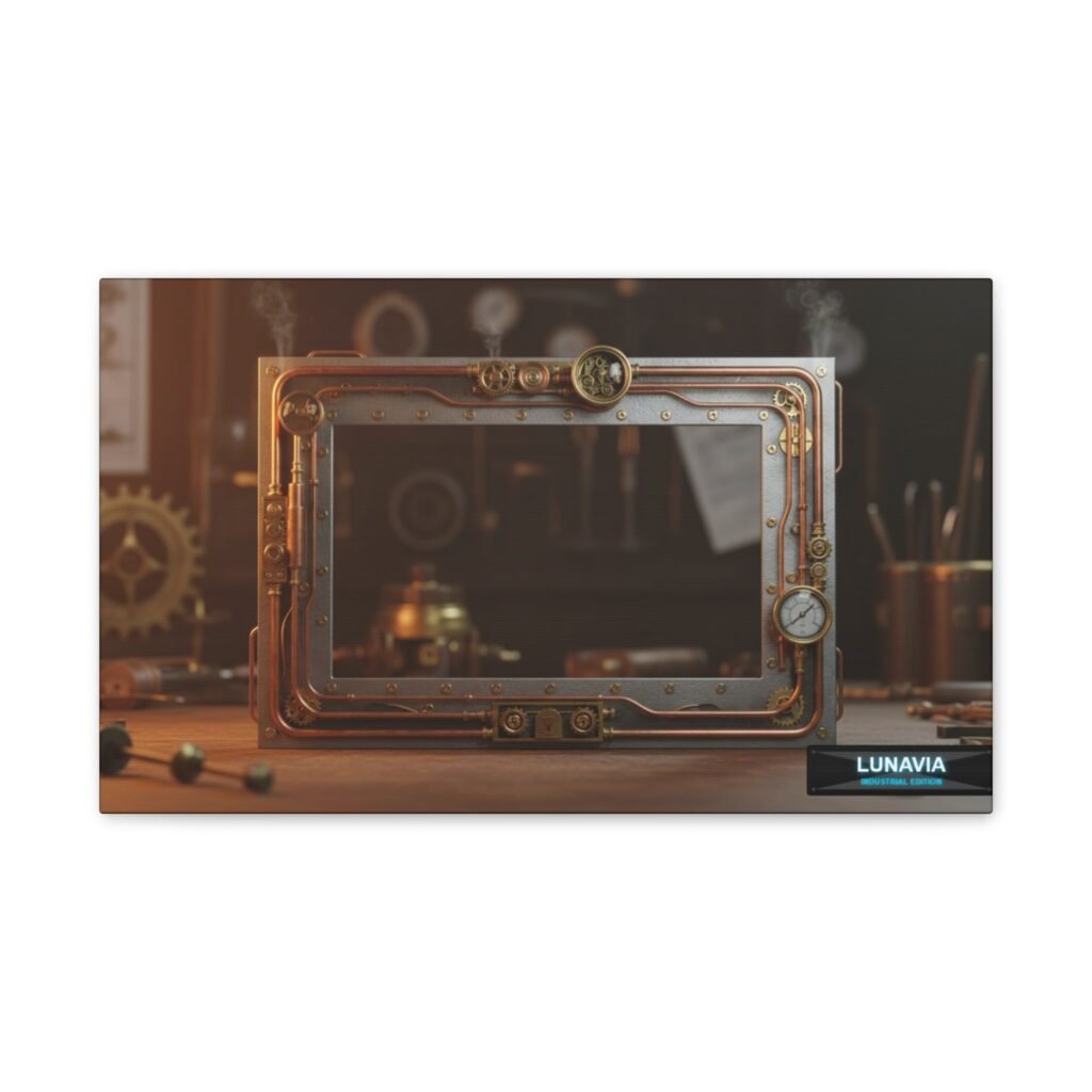 A close-up, cinematic shot of the Lunavia frame against a textured, dark slate background. Dramatic side lighting casts long shadows, emphasizing the depth and intricate details of the brass gears and copper elements. Smoke and subtle steam wisps around the frame, giving it a dynamic, powered feel. Text overlay: 'MACHINERY MEETS MASTERPIECE.'